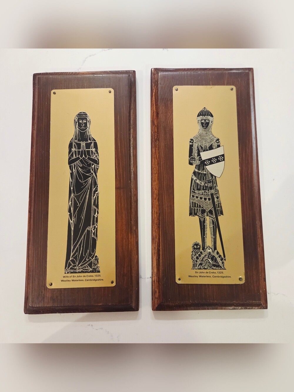 VTG Medieval Brass Rubbing Plaques Sir John de Creke & Lady Alyne Pair England
